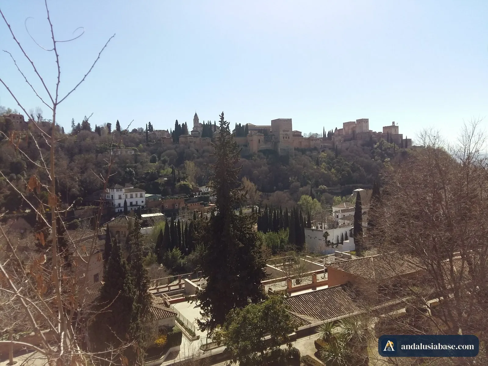 A Alhambra na sua colina arborizada, vista do Albaicín do outro lado do vale