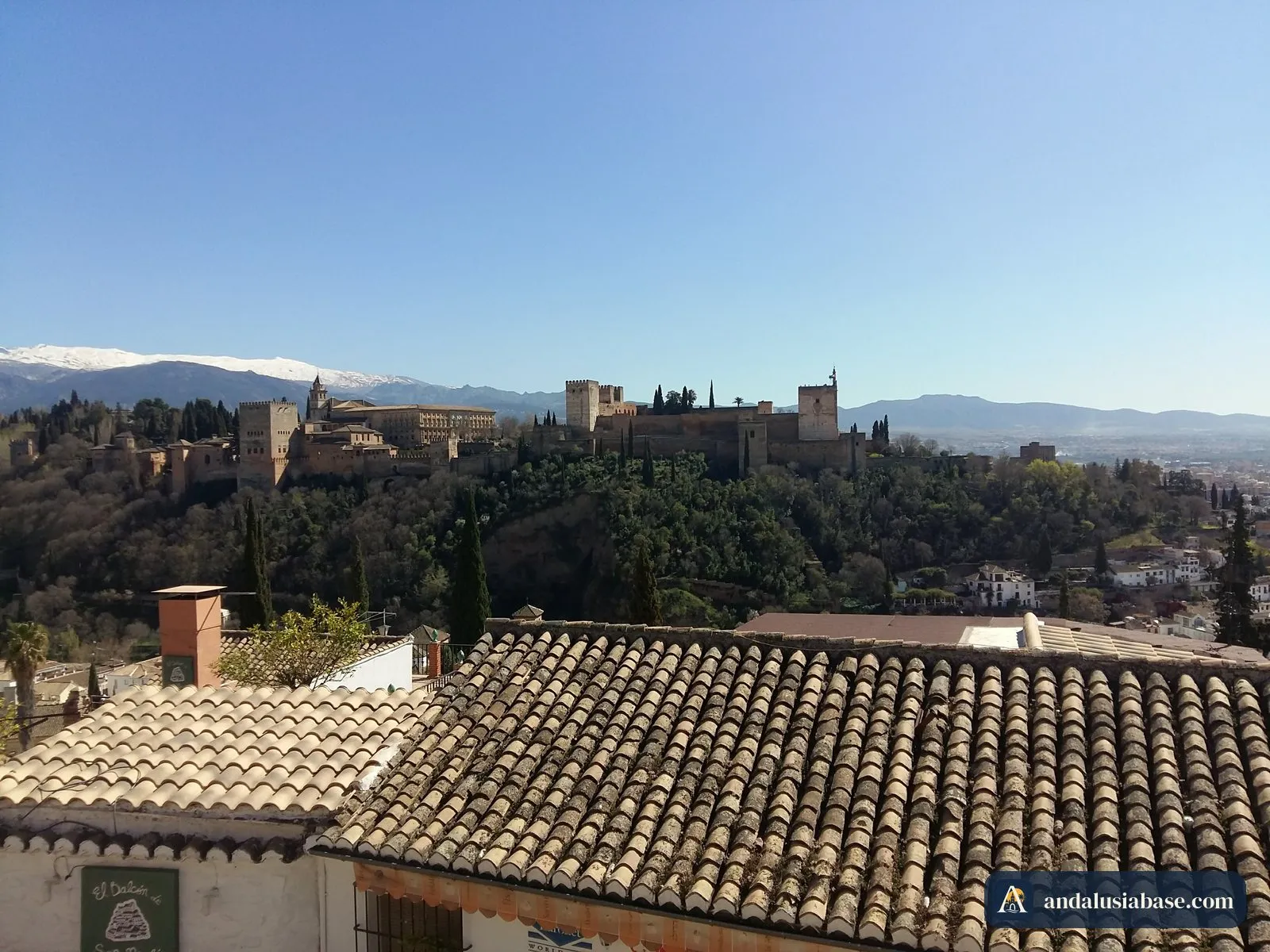 The Alhambra on its hill above Granada, with the Sierra Nevada behind