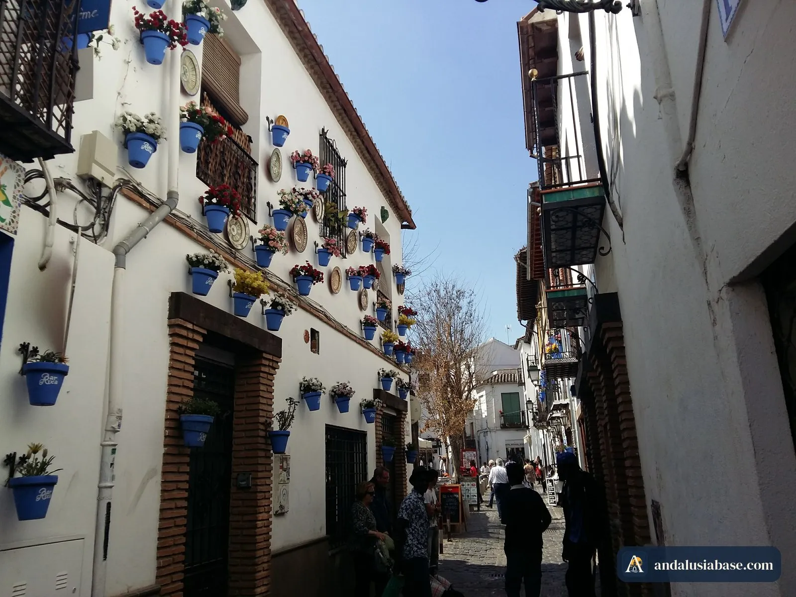 Vasos de flores azuis e pratos pintados na fachada branca de uma casa numa rua do Albaicín