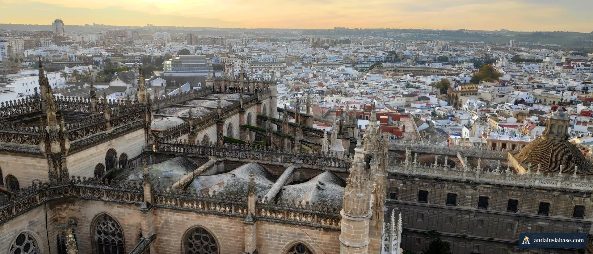Os telhados e contrafortes da Catedral de Sevilha e a cidade ao fundo, vistos da Giralda ao pôr do sol
