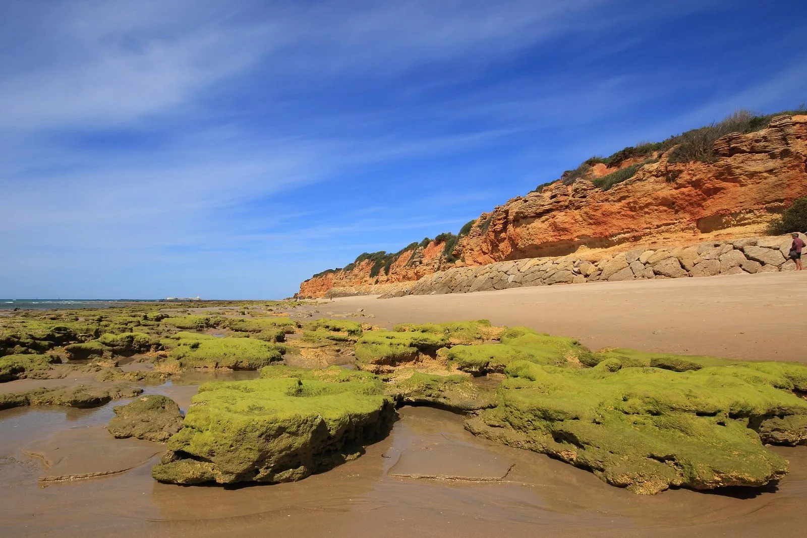 Red sandstone cliffs and rocks at low tide on La Barrosa beach, Chiclana de la Frontera