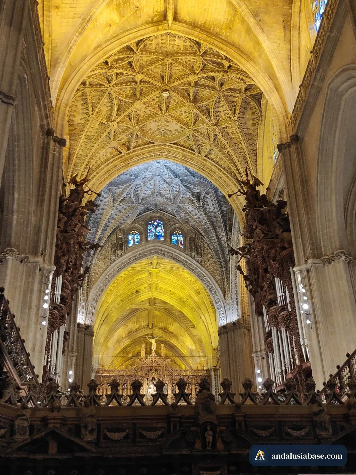 As caixas de órgão entalhadas sobre o coro e as abóbadas góticas iluminadas da nave