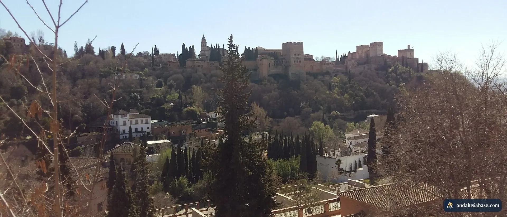 A Alhambra na sua colina arborizada, vista do Albaicín, em Granada