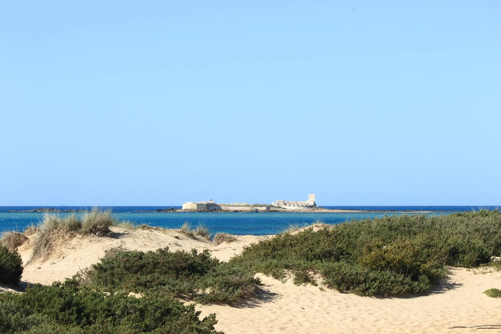 Dunes above the Atlantic at Sancti Petri, with the castle on its islet offshore