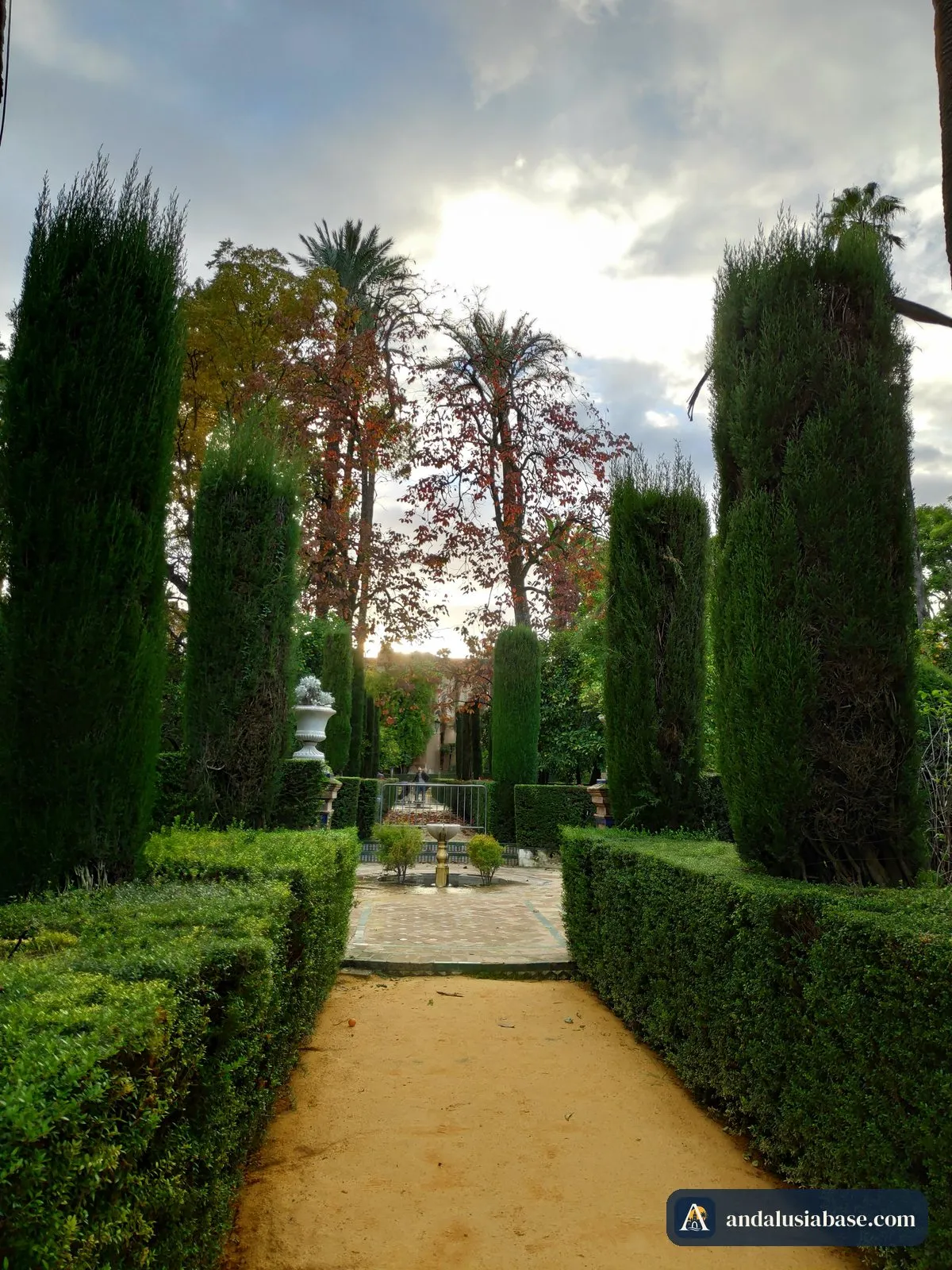 Um caminho de areia entre sebes de ciprestes aparadas nos jardins do Real Alcázar