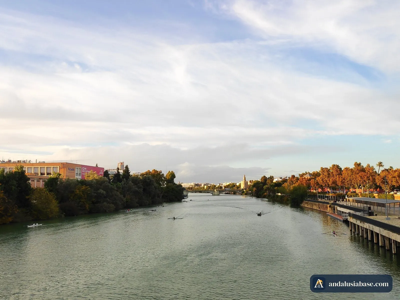 O Guadalquivir com a luz quente do fim de tarde, remadores na água e árvores outonais nas margens