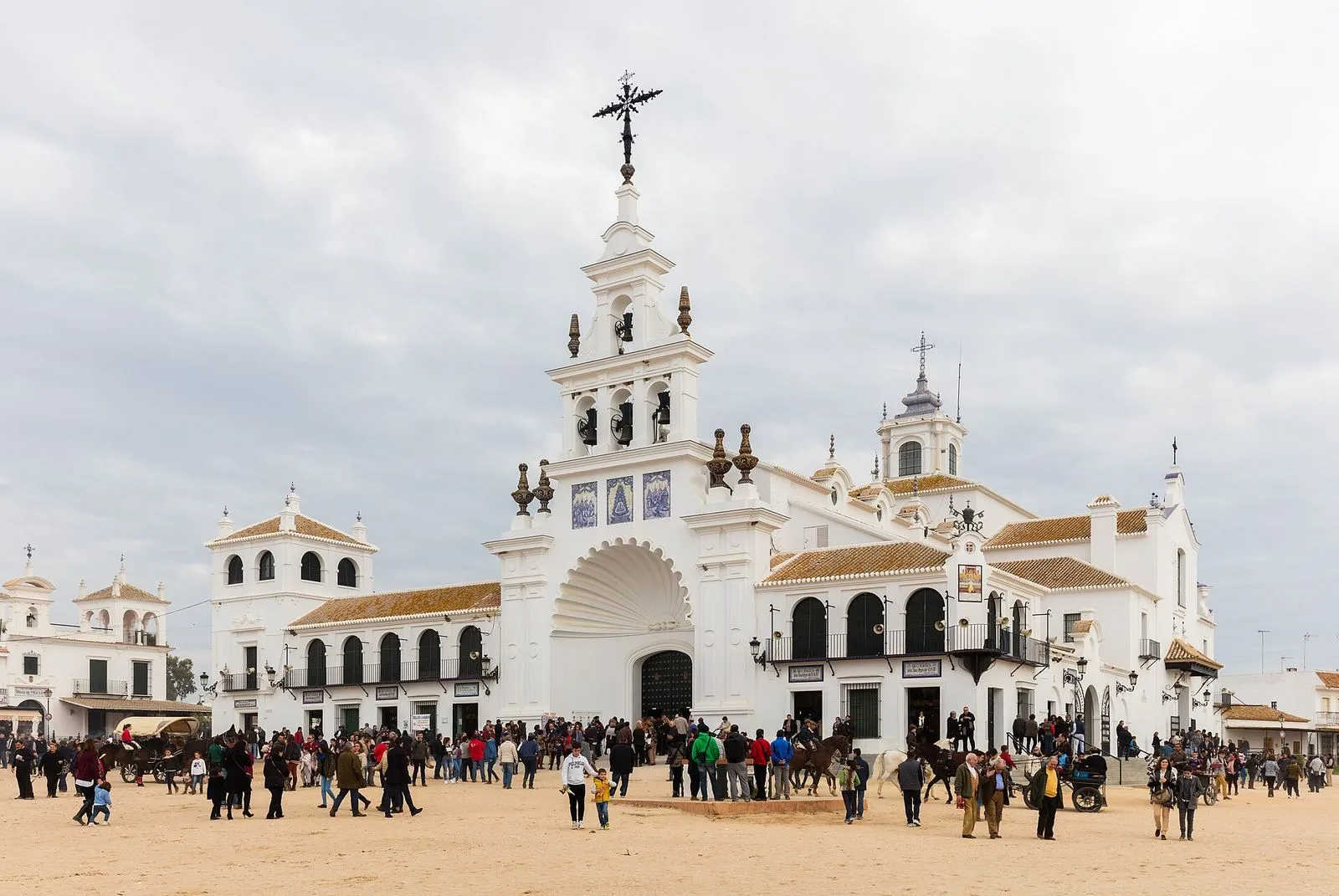The white hermitage of El Rocío on its sandy square at the edge of Doñana, Huelva