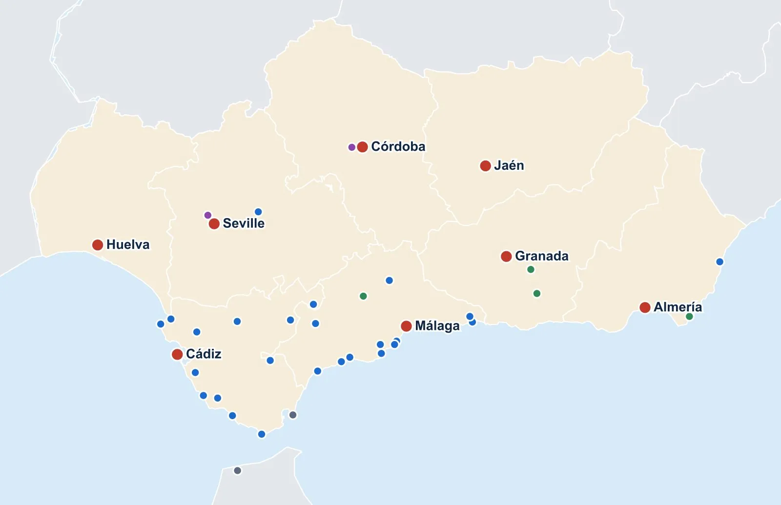 Map of Andalusia with its eight provinces, the main cities and pins for the towns and sights we cover