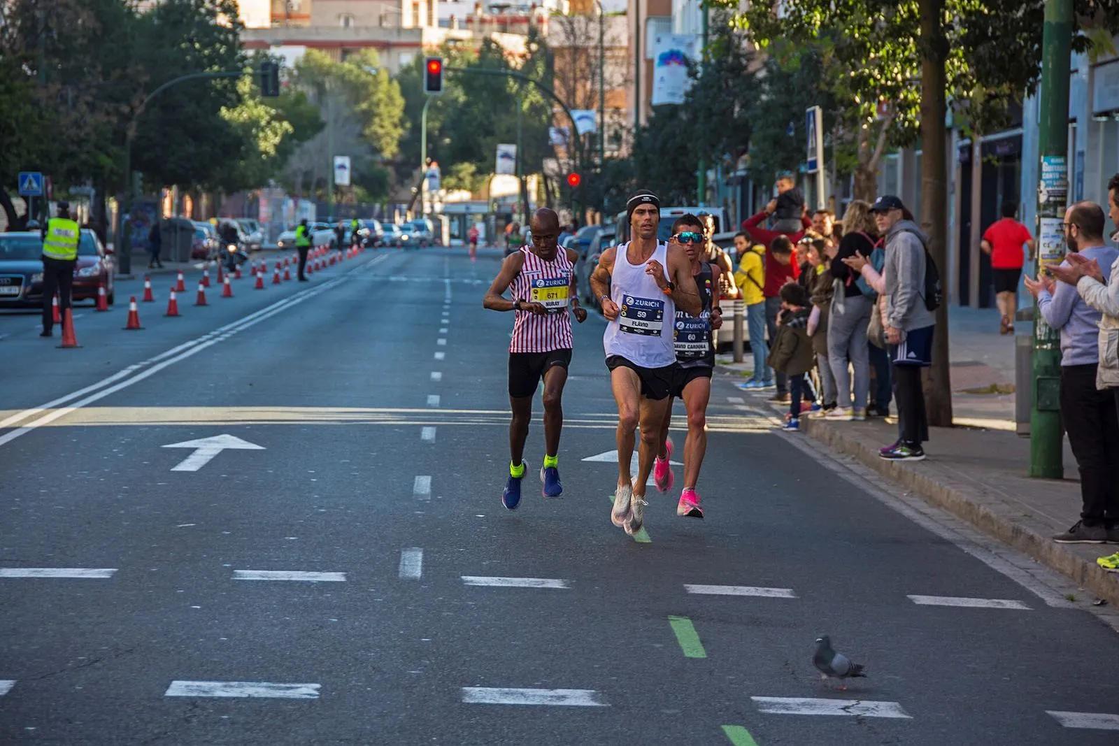 Runners in the Seville Marathon on a city street, in a crowd of competitors