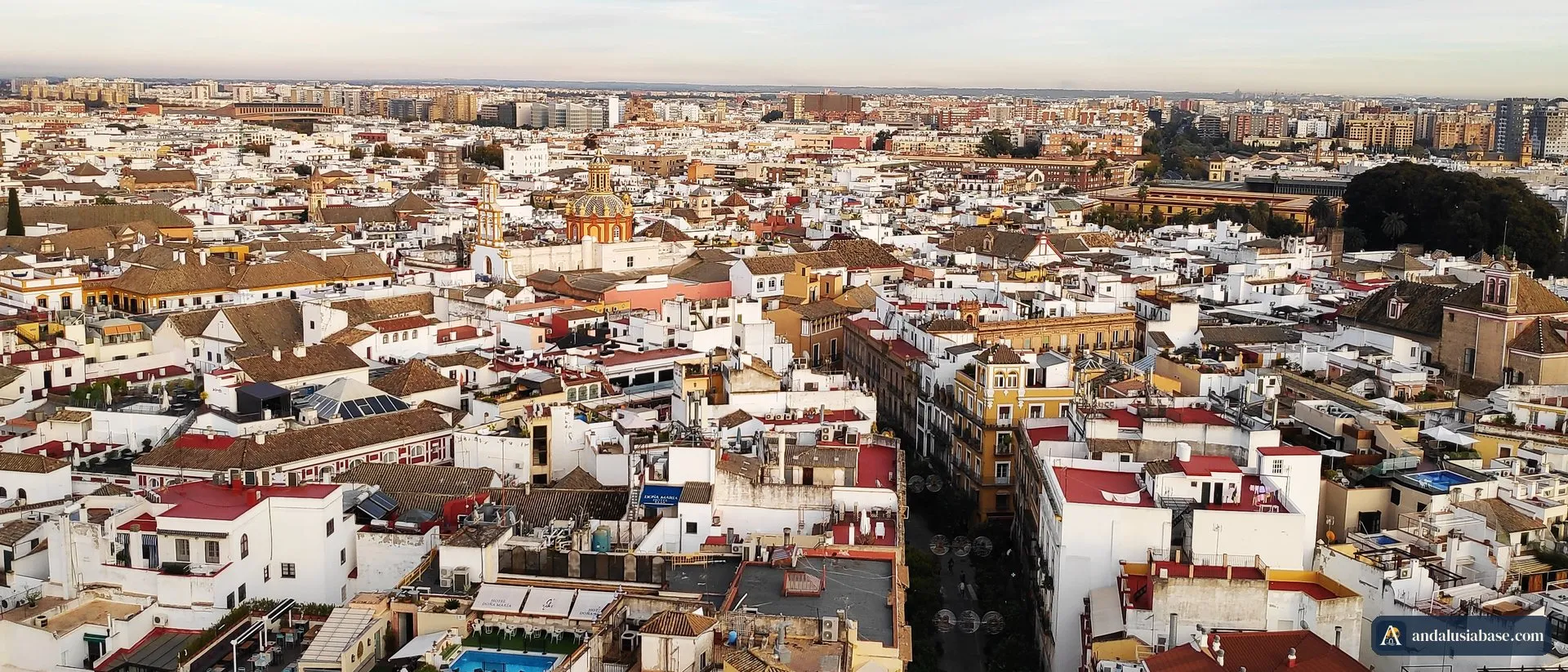 Telhados brancos, torres e cúpulas do centro histórico de Sevilha em torno de Santa Cruz, vistos do alto da Giralda