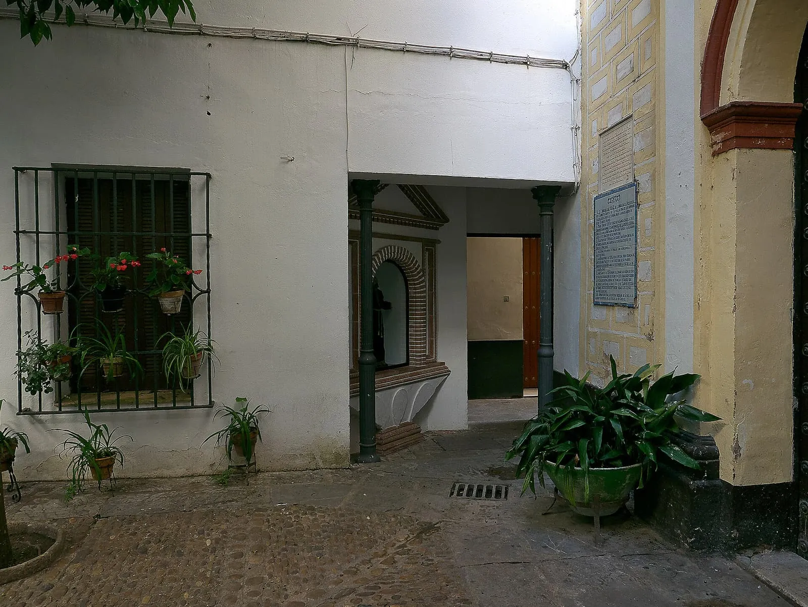 L'ingresso di un patio imbiancato con piante in vaso nel Barrio de Santa Cruz di Siviglia