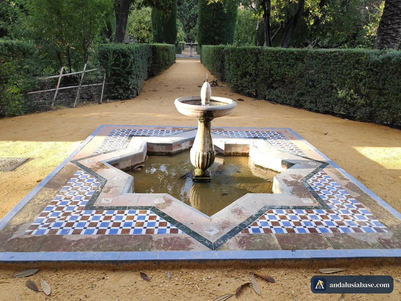 Uma fonte em forma de estrela com azulejos num caminho ladeado de sebes nos jardins do Alcázar