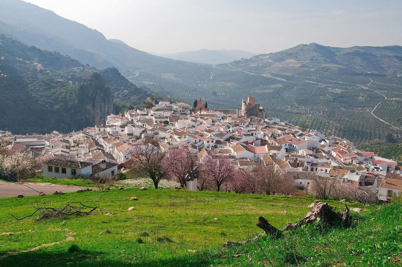 The white village of Zuheros below its castle on a rocky crag in the Subbética mountains